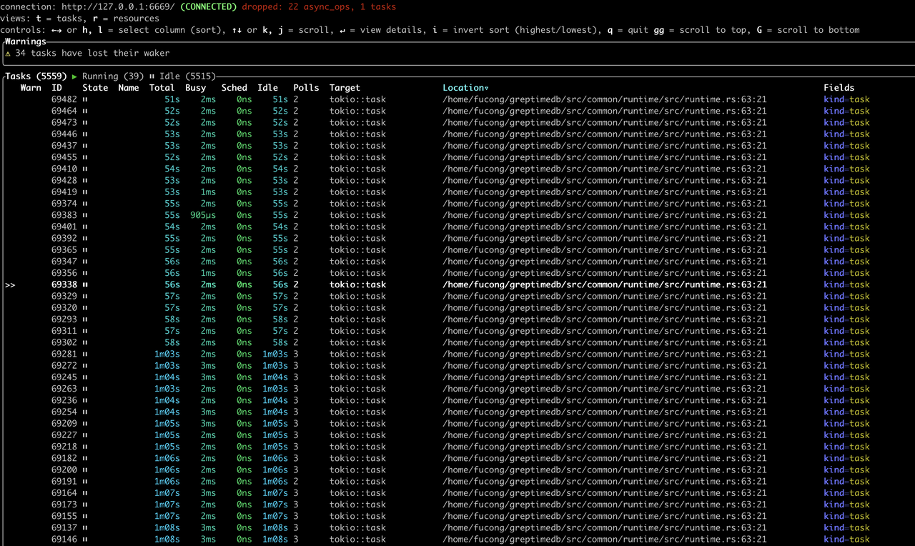 the results of Tokio Console