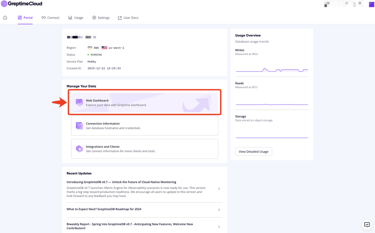 greptimecloud web dashboard entry