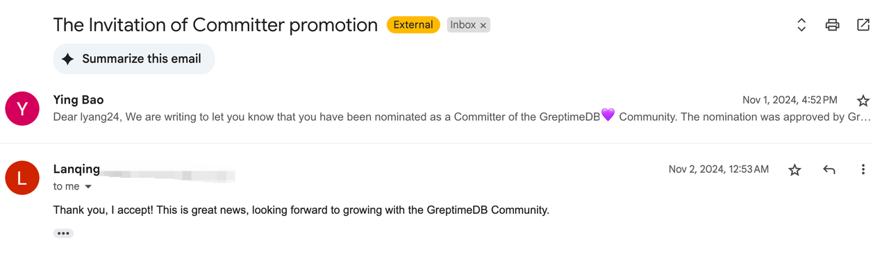 (Figure 2: GreptimeDB Inviting Lanqing Promoted to Committer)